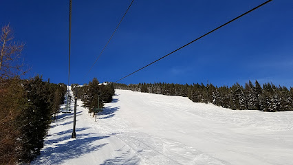A scenic view of Turner Mountain featuring a ski lift part of the ski resort a chalet in the distance and a skier carving through the snow