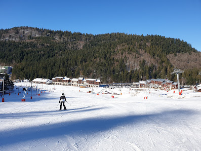 Winter scene at La Bresse-Hohneck in Vosges, France featuring a bustling winter sports scene with a ski resort, a chalet in the background and a skier elegantly descending the snowy slope.