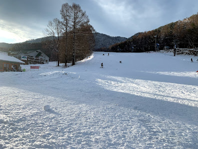 Winter sports scene at X-JAM Takaifuji ski resort in Nagano, Japan, showcasing stunning winter scenery complete with a chalet and a skier on the slopes.