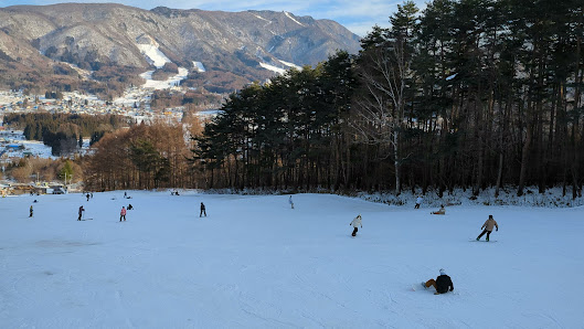 Winter sports enthusiasts enjoying their time at X-JAM Takaifuji, a bustling winter sports centre in Nagano, Japan, surrounded by beautiful snowy scenery and a cozy chalet.