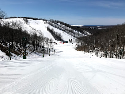 A winter sports scene at Nub's Nob Ski Area in Harbor Springs Michigan. Skiers are enjoying the snow-covered slopes with a ski lift in the background encompassing the adventurous spirit of a ski resort.