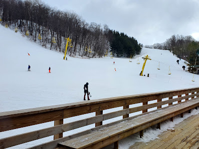 Winter sports enthusiasts enjoying a day at Nub's Nob Ski Area in Harbor Springs, Michigan, complete with ski lifts and picturesque winter scenery.
