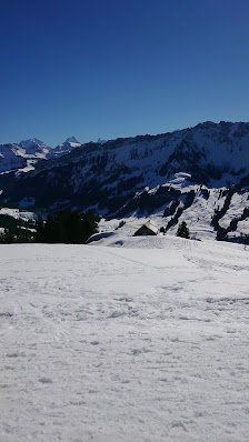 A skier glides down snow-covered slopes at the Sportbahnen Marbachegg, a popular ski resort in Marbach, Lucerne, Switzerland. A picturesque chalet dashes the scenic winter sports setting.
