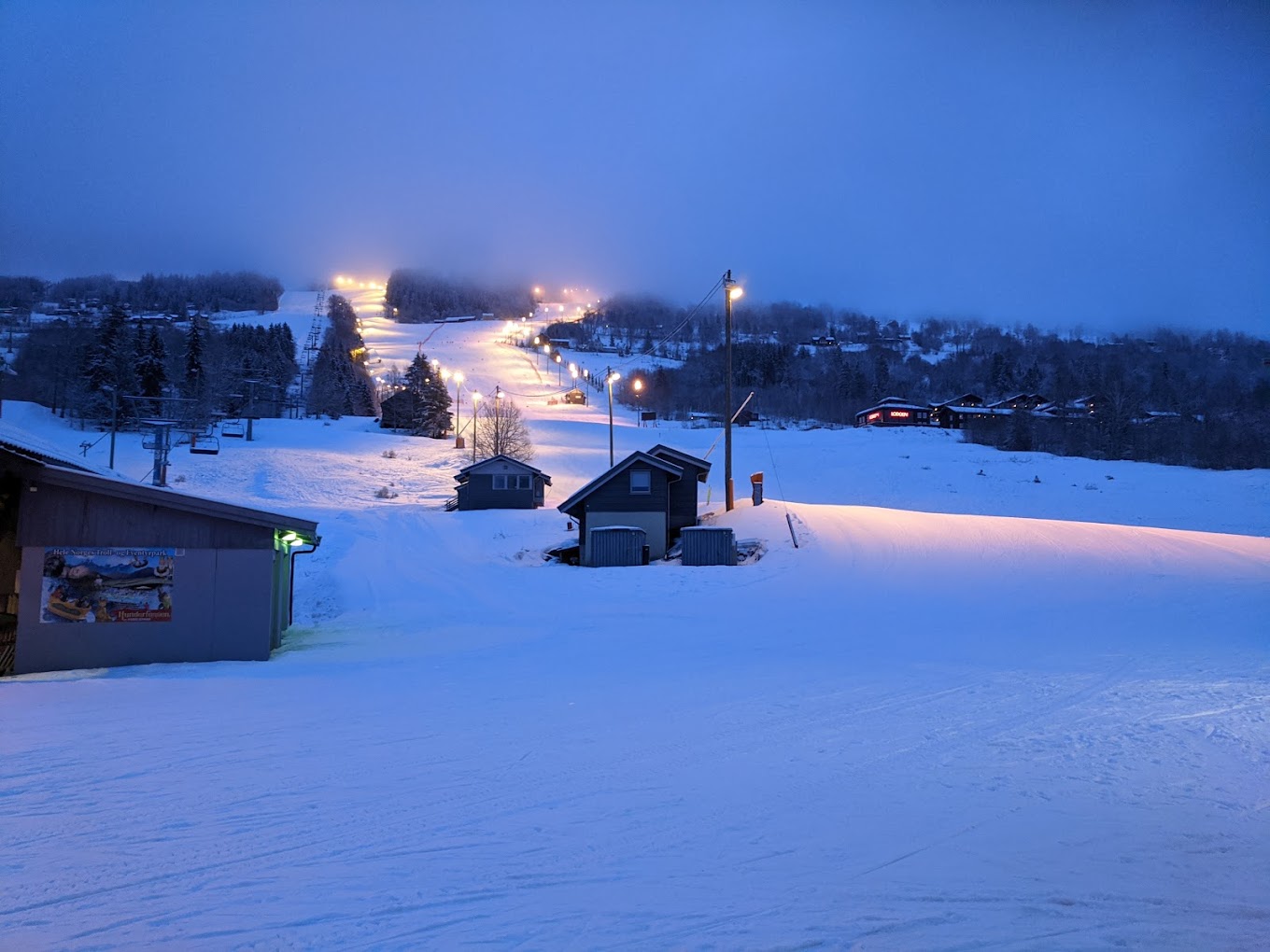 Hafjell in Norway - a view of a ski area at night.