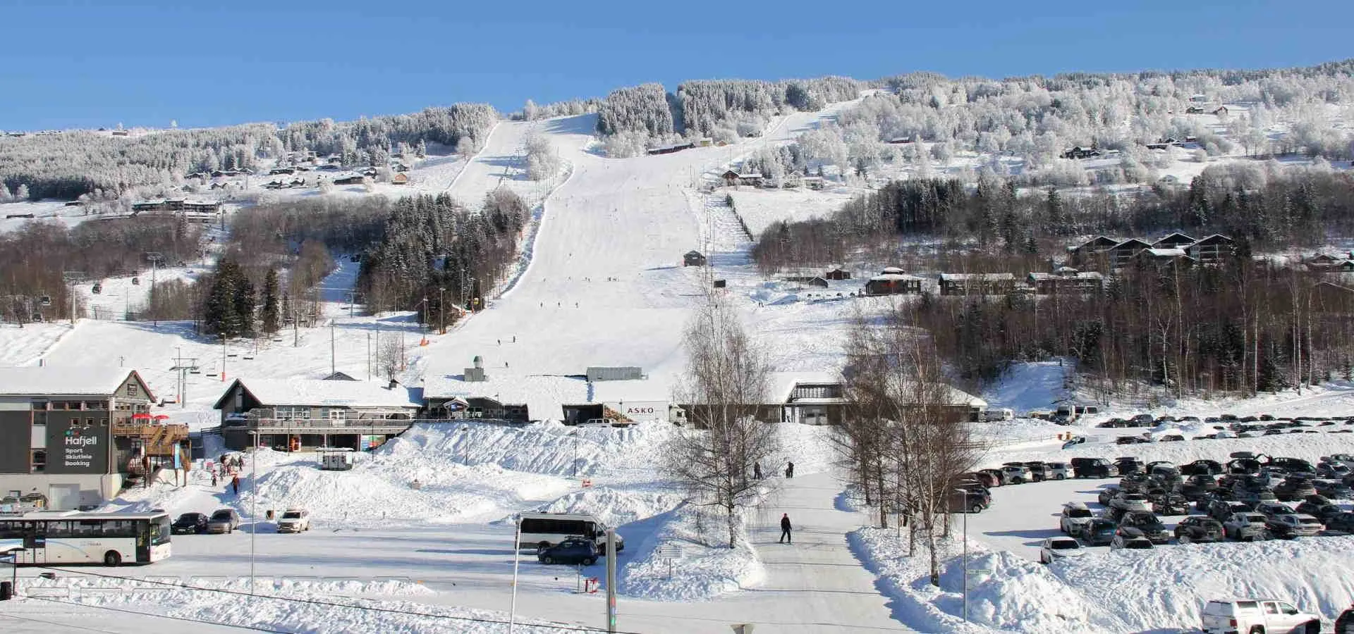 Hafjell in Norway: a ski resort with snow covered mountains in the background.