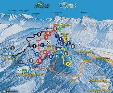 View of the popular Panarotta 2002 ski resort in Italy showcasing a chalet, ski lift, and winter sports activities in a picturesque mountain setting.