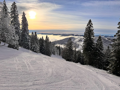 Winter scene at Bugnenets - Savagnières ski resort in Bernese Jura, Switzerland, featuring a skier in action, a ski lift and a breath-taking snowy landscape.