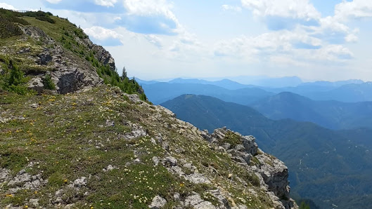 View of the impressive mountain landscape in Aflenzer Bürgeralm, Austria, with a charming chalet nestled into the hillside. It's a sunny day, which creates a pleasant atmosphere for mountain biking.