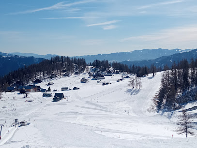 A picturesque view of Aflenzer Bürgeralm ski resort in Styria, Austria, displaying a bustling winter sports scene amidst stunning winter scenery, complete with a charming chalet.