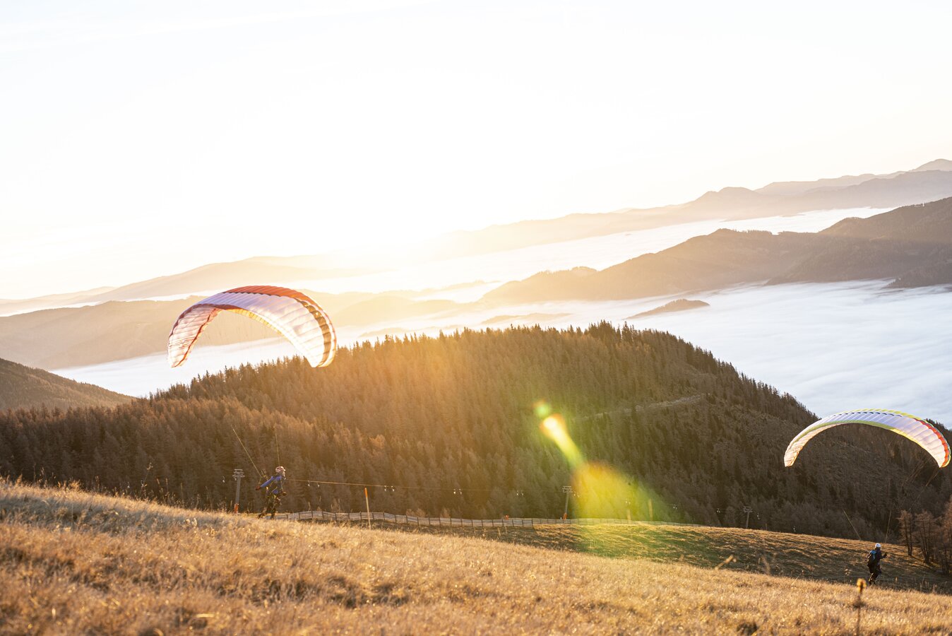 Aflenzer Bürgeralm in Austria - two people parading in the mountains at sunset.