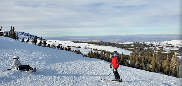 A snowboarder skillfully navigating the snowy slopes at Pomerelle in Albion Idaho America. The sky overhead is clear adding to the serene ambience of the scene.