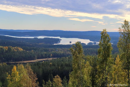 Breathtaking view of the tranquil lake framed by a lush forest at Bjursås Skicenter, sunny day illuminates the snow-dusted mountain, with a charming challet nearby.