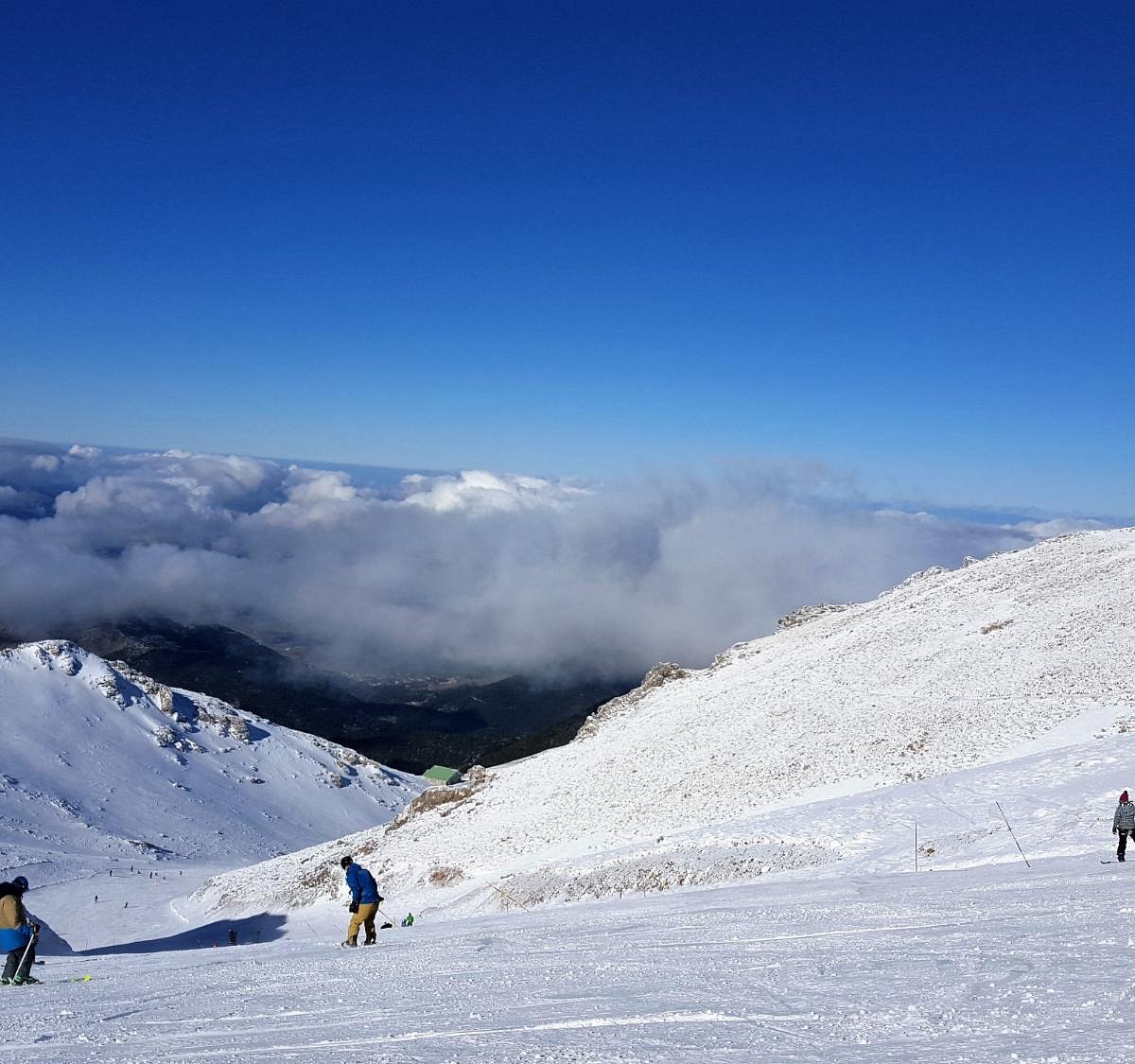Kalavrita- Chelmos in Greece - a group of people skiing down a snowy mountain.
