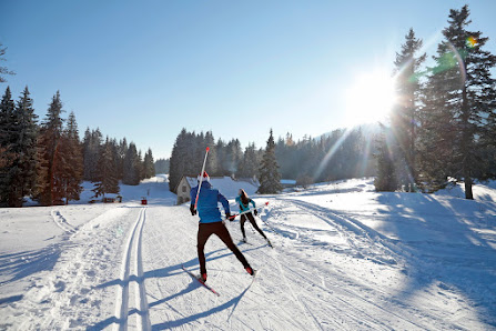 Ski scene at Autrans-Méaudre in Isère, France, highlighting winter sports, a skier gliding down the snow-covered slopes, and the charming setting of a cozy chalet and a ski resort.