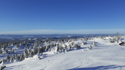 Winter sports enthusiasts enjoying a day at the Sjusjøen ski resort in Lillehammer, Norway, with snowy slopes and a ski lift visible in the scenic, frosty landscape.