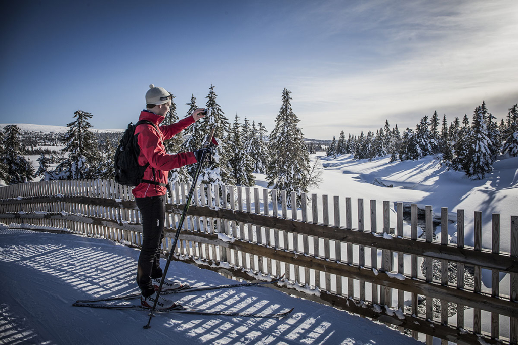 Winter sports scene at Sjusjøen in Lillehammer, Oppland, Norway. Features a skier on a snowy landscape with stunning winter scenery. A ski resort is visible in the background.