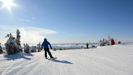 A bustling winter sports scene in Sjusjøen, Lillehammer, Norway, featuring a skier amidst snowy terrain, a wooden challet providing warmth nearby, boarding a ski resort.