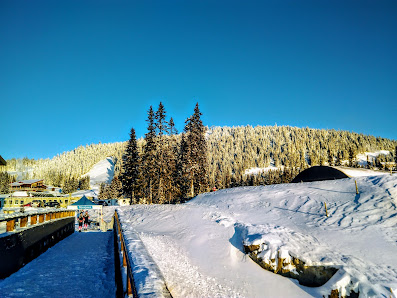 Winter scenic view of Sjusjøen ski resort in Lillehammer, Norway, featuring a bustling winter sports scene. The image captures a ski lift amid a picturesque snow-laden landscape.