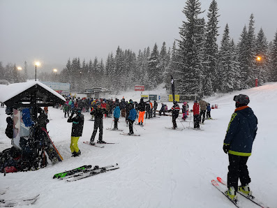 Skiers at Vassfjellet skisenter in Norway enjoying the slopes under clear skies. The ski lift and snow-covered pine trees depict a perfect winter sports scene.