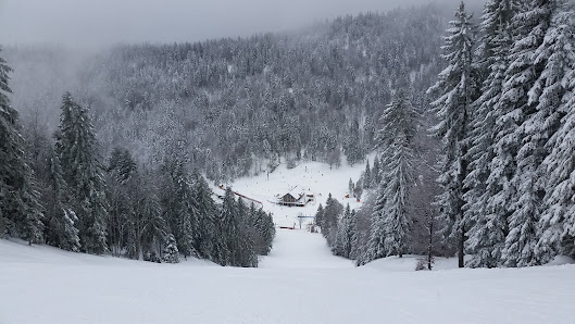 A ski resort in Autrans Snow, Isère, Grenoble featuring winter sports activities amidst a picturesque winter scenery. A chalet is also visible in the backdrop.