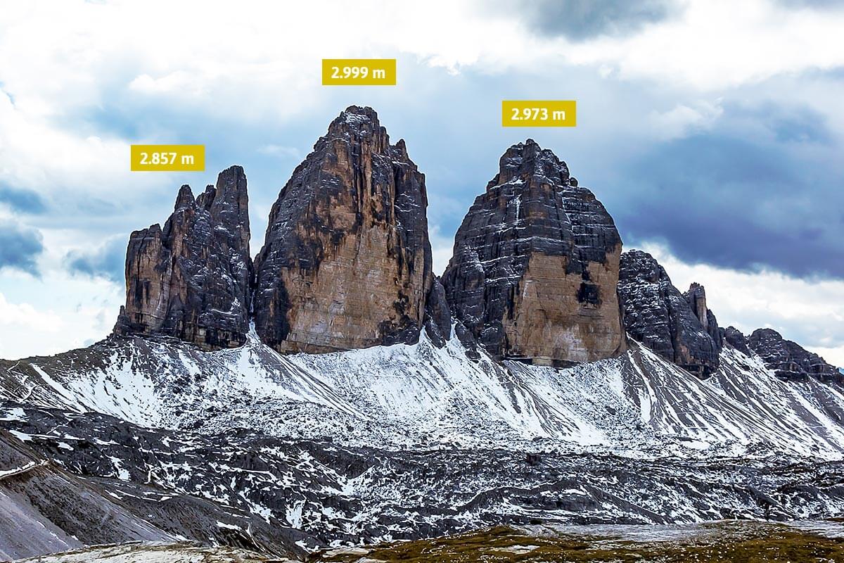 Three Peaks Dolomites in Italy - a mountain range with snow on the top and two peaks in the background.