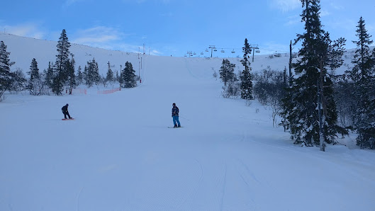 A skier glides down the slopes at Björnrike ski resort in Northern Sweden with a cozy challet nearby. A ski lift is also visible in this beautiful winter sports scene.
