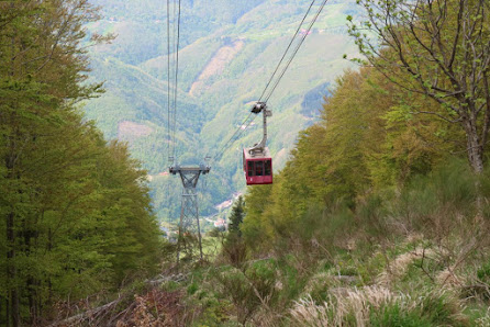 Ski lift ascending up a snow-laden mountain in Doganaccia 2000 – Cutigliano, Tuscany with a quaint chalet nested in this picturesque winter Italian landscape.
