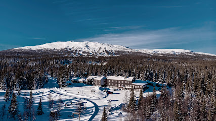 Image of Trillevallen ski resort in Northern Sweden, featuring snow covered slopes, a ski lift and a mountain in the backdrop, illustrating a lively winter sports scene.