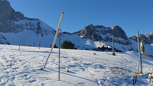 A winter sports scene at Gresse en Vercors in France showcasing a sports centre a quaint chalet a skier in action