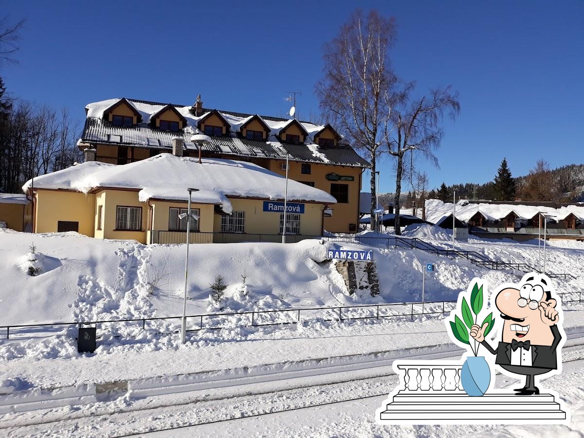 Bonera Ski areál Ramzová in Czech Republic - a house with snow on the ground and a person in front of it.