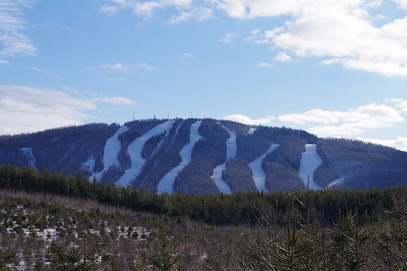 A winter scene at Crabbe Mountain in New Brunswick Canada showcasing snow-covered slopes a ski resort nestled at the base of a mountain and snow enthusiasts enjoying winter sports.