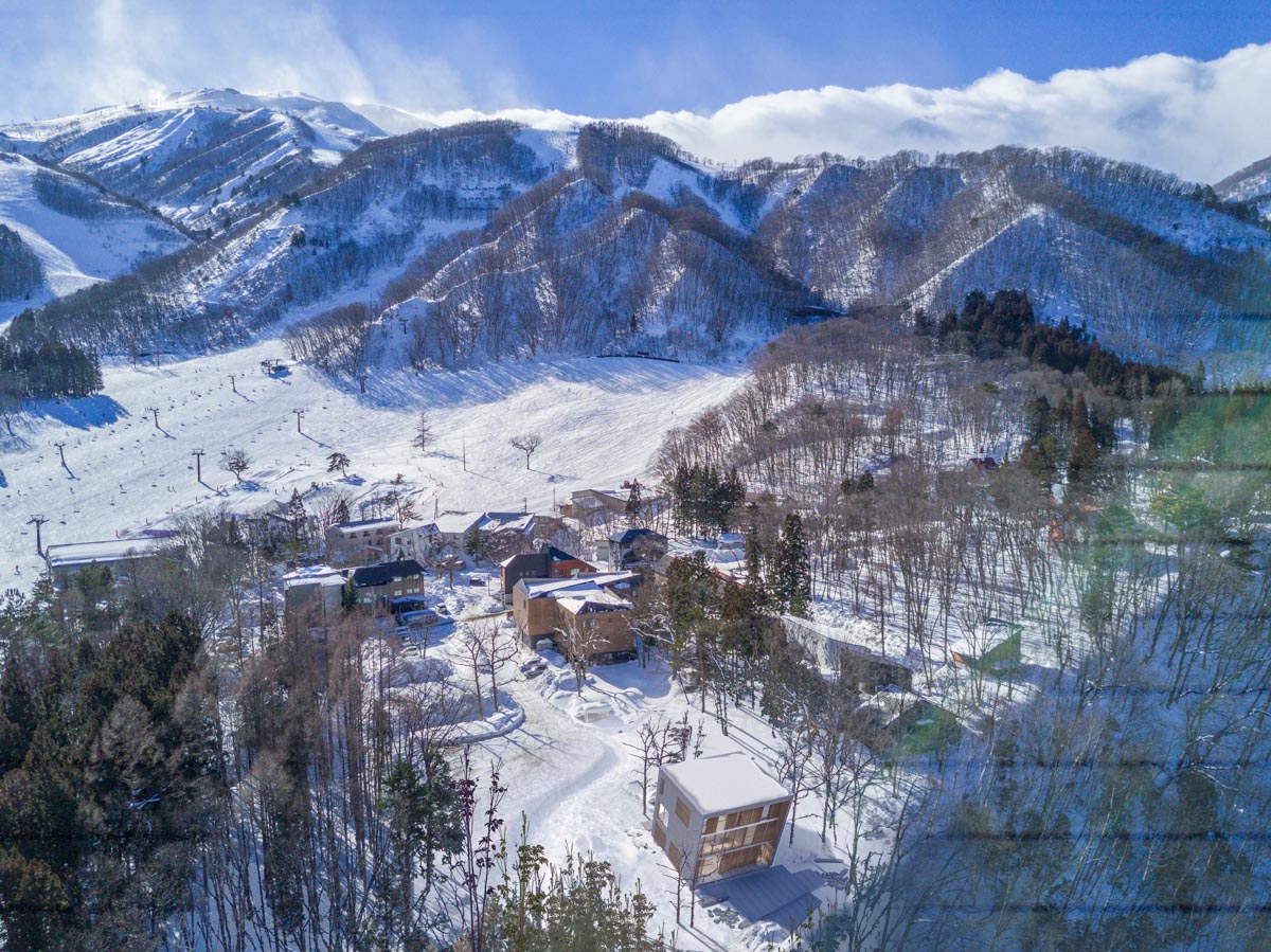 Sky Valley in Japan: an aerial view of a ski resort in the mountains.