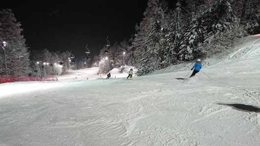A vibrant winter sports scene at Sljeme Zagreb featuring a skier gliding down the slopes of a ski resort. Visible elements include a ski lift tracked slopes and a cozy chalet in the backdrop.