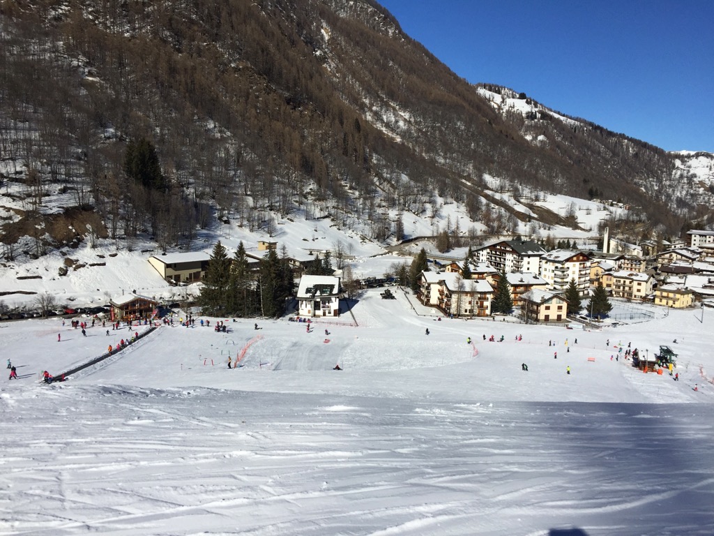 Prali in Italy: a view of a ski resort in the mountains.