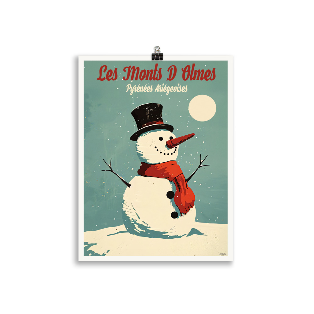 Les Monts d'Olmes in France - a poster with a snowman wearing a top hat and scarf.