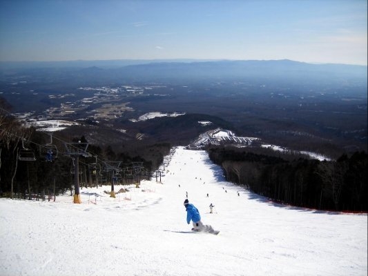 A snowboarder carving through the snowy slopes of Mt. Jeans Nasu in Japan surrounded by a serene wintry landscape.