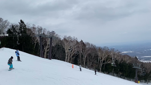 A skier gracefully carving their way down the snowy slopes at Mt. Jeans Nasu ski resort in Japan, with the backdrop of a majestic mountain and a functioning ski lift.