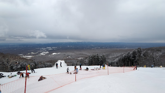 Winter sports scene at Mt. Jeans Nasu in Japan, featuring a skier navigating snow-covered slopes. A ski lift at the ski resort is partially visible.