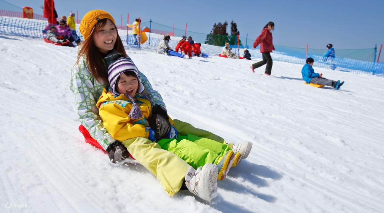 Biwako Valley in Japan - a young girl slides down a hill on a sled sler.