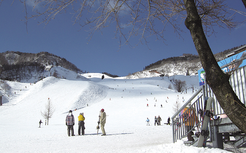 Winter sports scene at Ojiro, Honshu, Japan, featuring a bustling ski resort and a snow-covered chalet amidst stunning winter scenery.