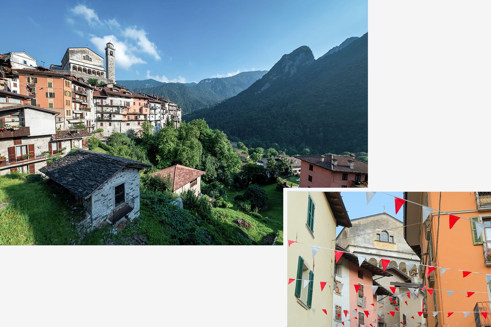 Bagolino in Italy - two pictures of a town with mountains in the background.
