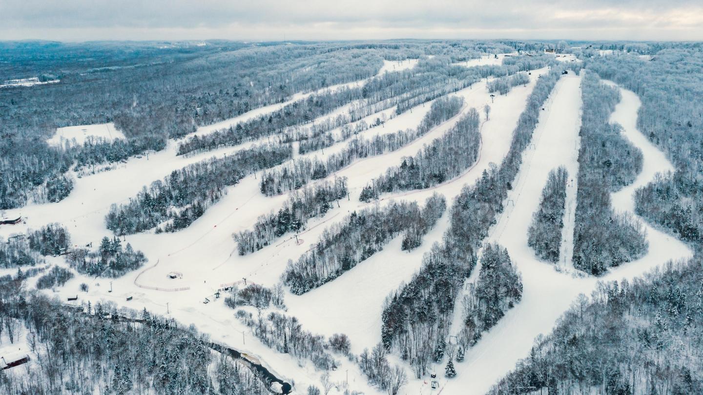 Jackson Creek Summit in USA: an aerial view of a ski resort in the winter.