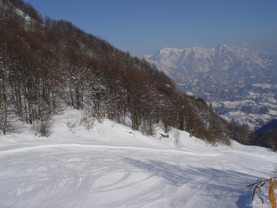 A winter sports scene at Recoaro Mille in Vicenza, Recoaro Terme, Italy showcasing a skier gliding down the snow-covered slopes amid stunning winter scenery. The scene is part of a bustling ski resort and winter sports centre.