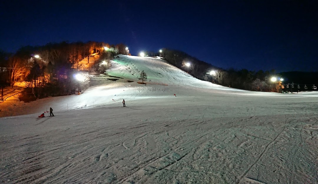 A skier navigates a slope at the Kusatsu Onsen ski resort in Japan, a bustling winter sports center surrounded by snowy chalets.