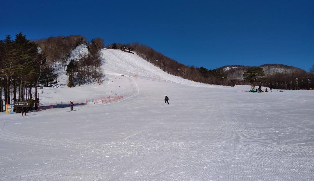 Winter scene at Kusatsu Onsen in Japan, featuring skiers enjoying the slopes of a ski resort, an inviting chalet in the backdrop, encapsulating a lively winter sports center.