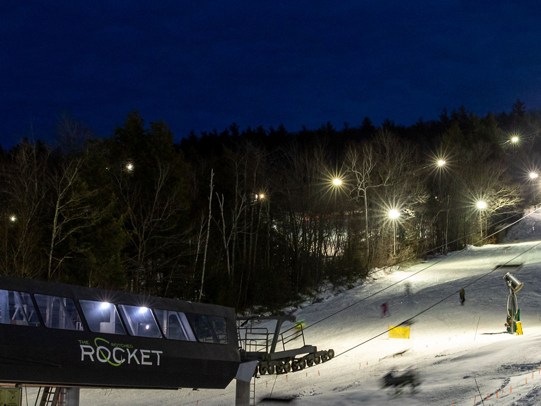 Crotched Mountain in USA - a ski slope at night.