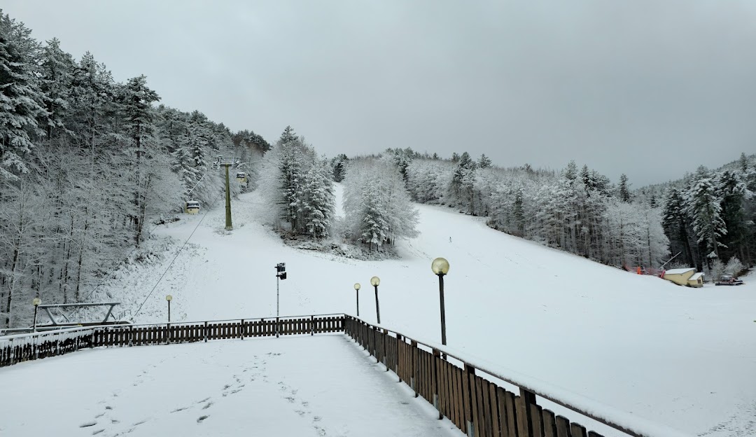 Winter sports enthusiasts are enjoying the pristine slopes of Camigliatello Silano ski resort in Calabria, Italy. The winter scene shows a ski lift traversing the snow-dusted mountain terrain, which boasts stunning winter scenery.