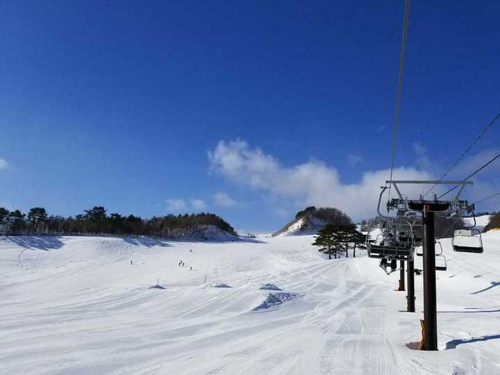 Winter sports scene at Hyper Bowl Tohachi, Japan, featuring stunning snowy landscape, a cozy chalet, and a ski resort with ski lifts nearby.