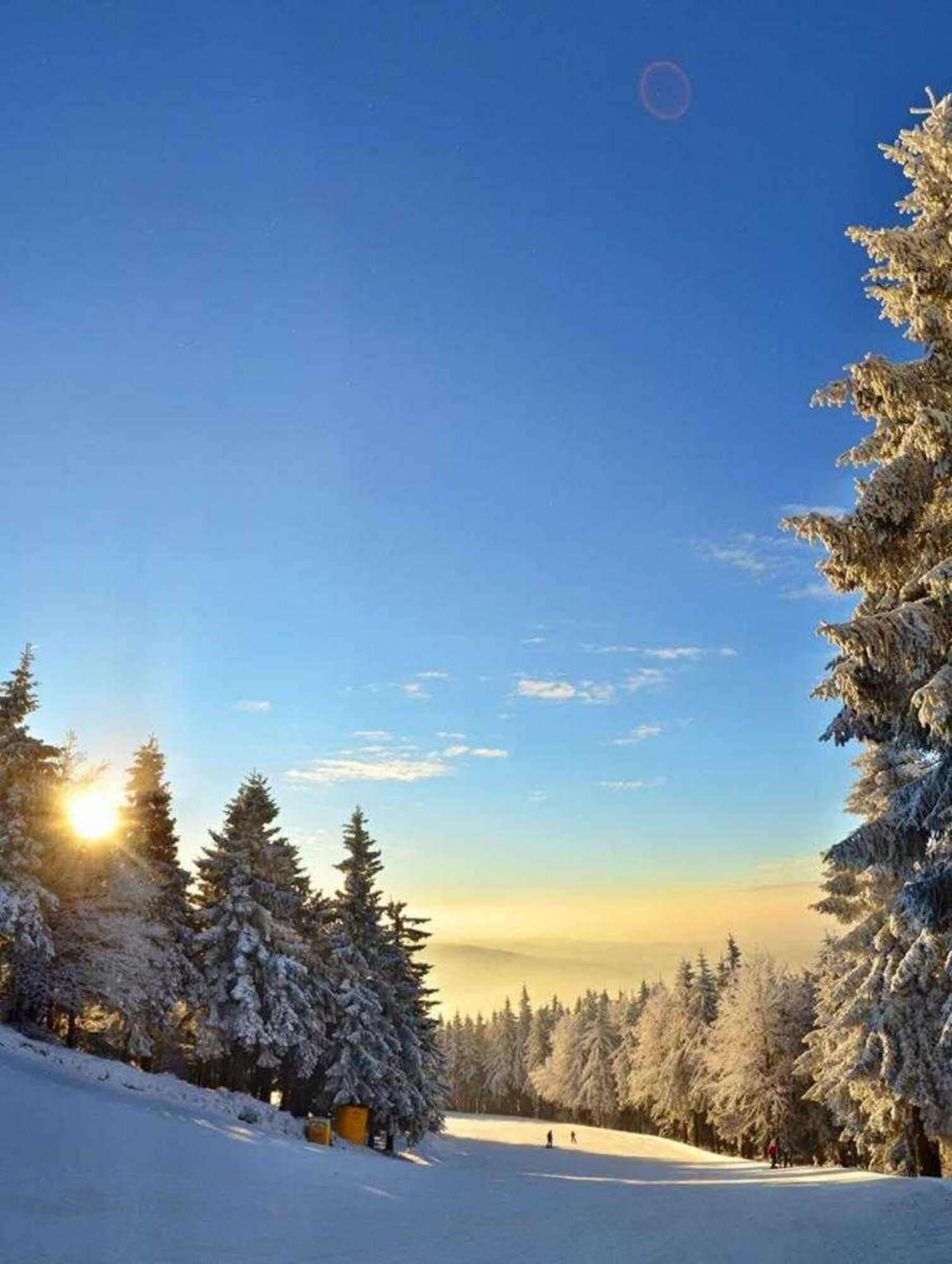 Winter scenery at Ski center Říčky in Czech Republic, featuring a picturesque chalet amidst a landscape of pristine snow, under a bright, sunny sky.