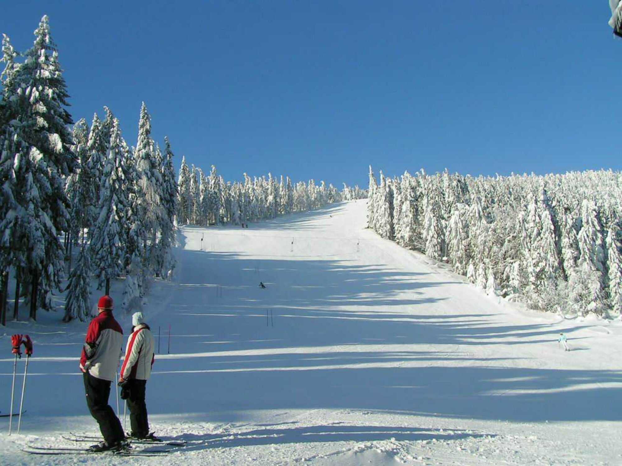 View of the Ski center Říčky in Czech Republic, showcasing snowy slopes bustling with winter sports enthusiasts. The scene also highlights a functional ski lift.